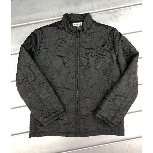 Vintage Chicos‎ Light Puffer Coat Womens Size Medium Black Quilted Embroidered - Picture 1 of 8